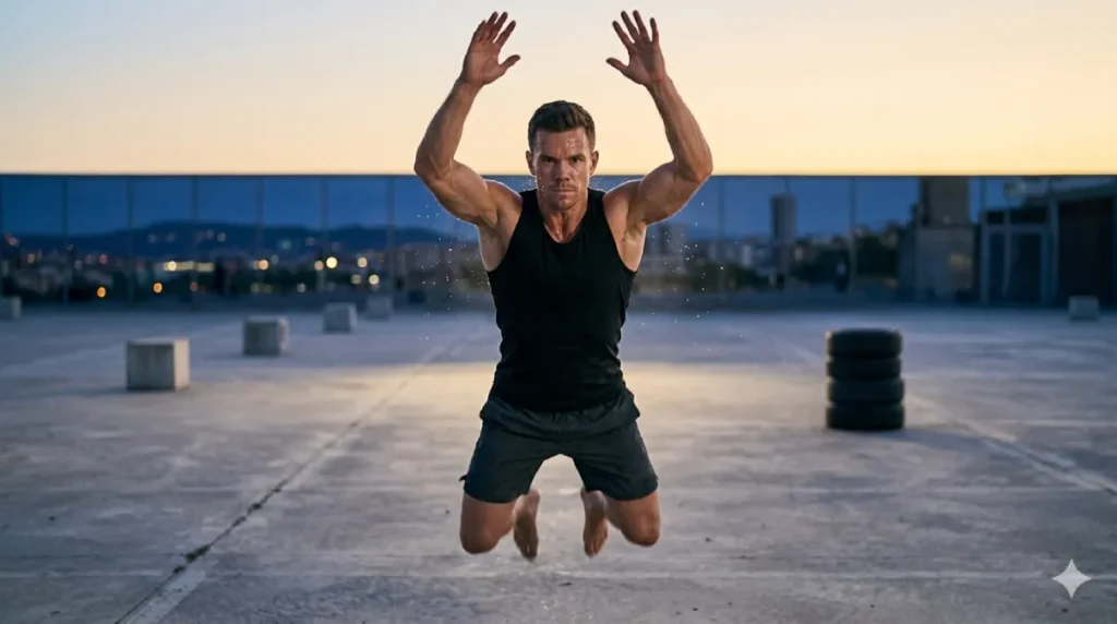 Athlete completing the 28 day calisthenics challenge with a full-body bodyweight circuit, demonstrating the structured progressive overload program for building strength and conditioning in 4 weeks