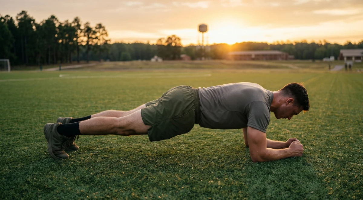 Athlete holding a long forearm plank during ACFT calisthenics prep, demonstrating the core endurance required to score 90+ on the Army Combat Fitness Test plank event