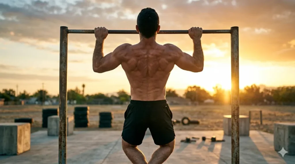 Athlete performing a wide-grip pull-up during a back workout calisthenics routine, demonstrating the bodyweight pulling exercise for building lat width, mid-back thickness, and biceps