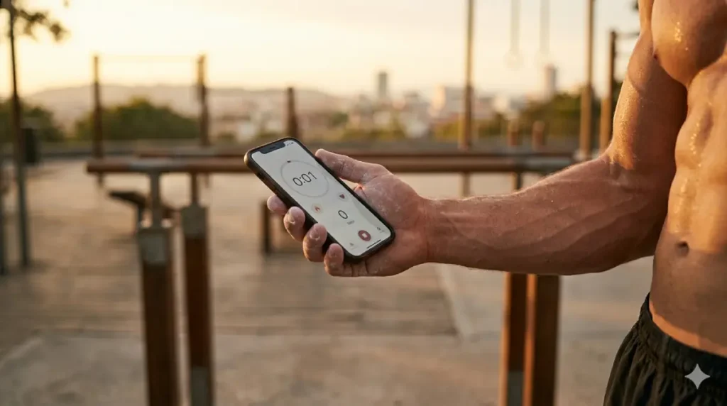 Best calisthenics app interface displayed on a smartphone, showing workout tracking, exercise library, and progression analytics for the top-rated bodyweight training apps of 2026