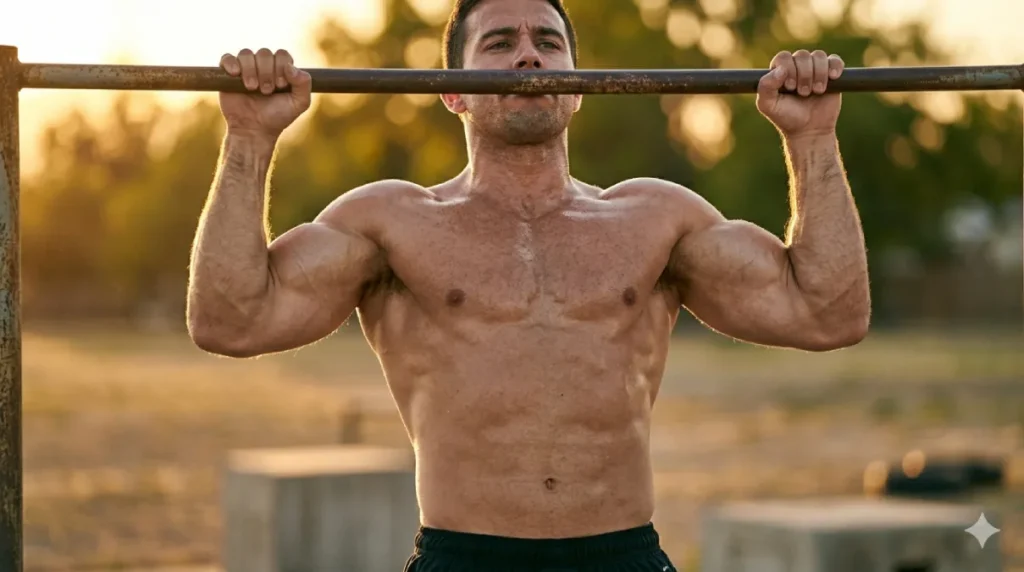 Athlete performing a chin-up during a calisthenics arm workout, demonstrating the bodyweight pulling exercise that builds biceps mass and forearm strength without dumbbells