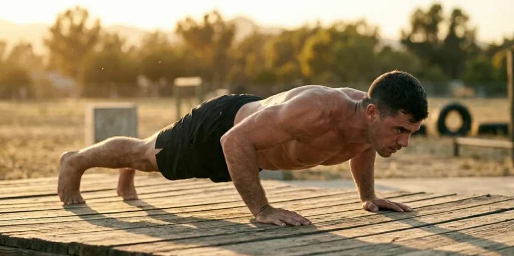 Athlete performing an archer push-up during a calisthenics chest workout, demonstrating the advanced bodyweight progression for building pectoral muscles and triceps without weights