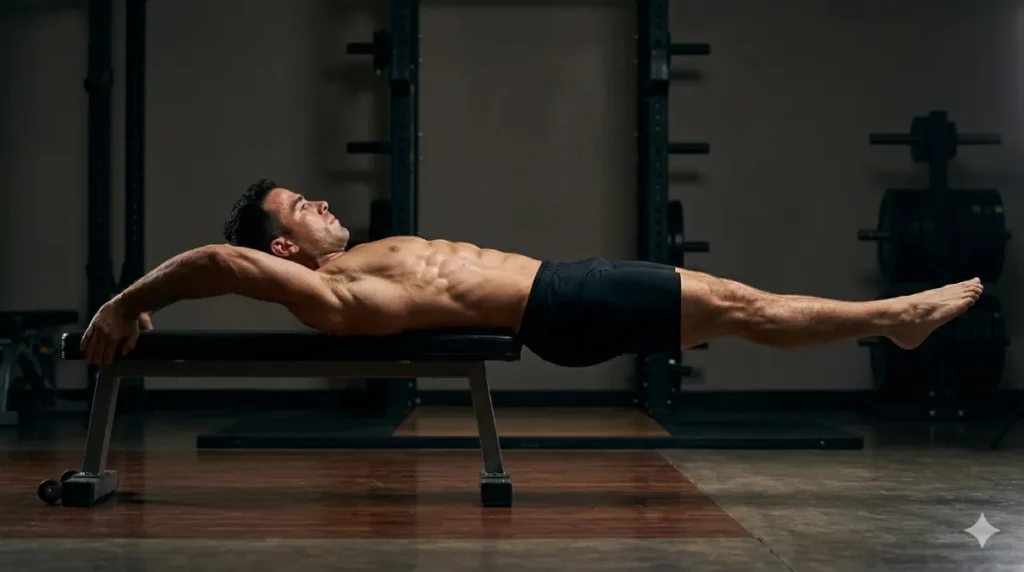 Athlete holding an L-sit during a calisthenics core workout, demonstrating the advanced bodyweight isometric exercise for building deep core strength, hip flexors, and visible abs