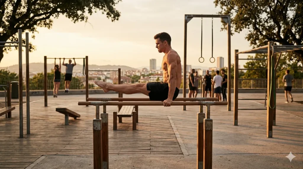 Visual calisthenics exercises chart showing 50+ bodyweight movements organized by muscle group and difficulty level, including push, pull, legs, core, skill, and conditioning progressions