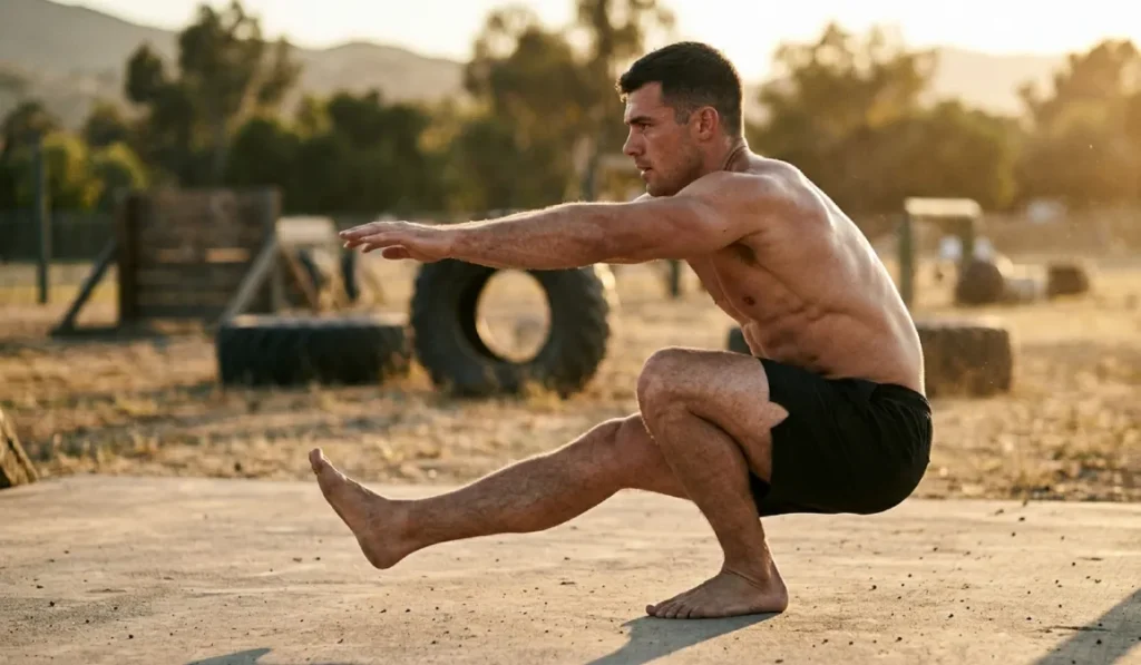 Athlete performing a pistol squat during a calisthenics leg workout, demonstrating the bodyweight single-leg progression for building quads, glutes, and hamstrings without weights