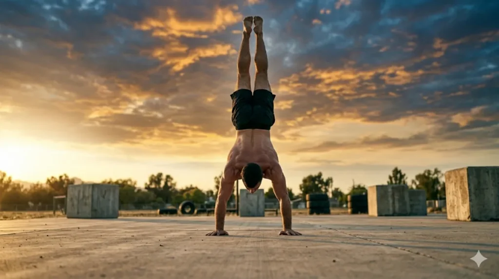 Athlete holding a wall handstand during a calisthenics shoulder workout, demonstrating the bodyweight overhead pressing progression for building three-dimensional deltoid development