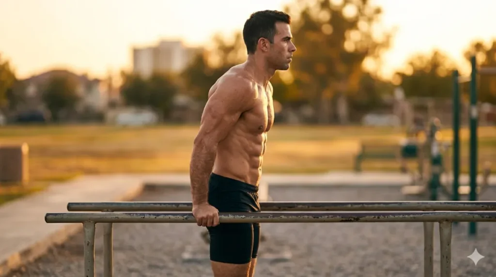 Athlete performing parallel bar dips during a calisthenics upper body workout, demonstrating one of the core push exercises used in a complete bodyweight push-pull split for chest, shoulders, back, and arms