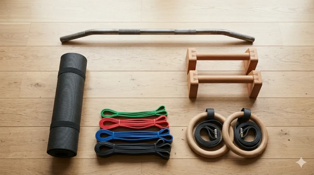 Essential calisthenics workout equipment displayed including a doorway pull-up bar, parallettes, gymnastic rings, resistance bands, and yoga mat — the core gear setup for serious bodyweight training
