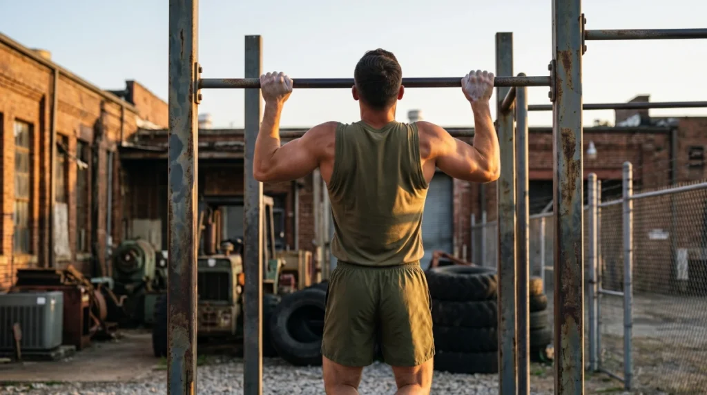 Muscular athlete performing a strict dead-hang pull-up during Marine Corps PFT calisthenics training, demonstrating the chin-over-bar form required for the 23-rep perfect score