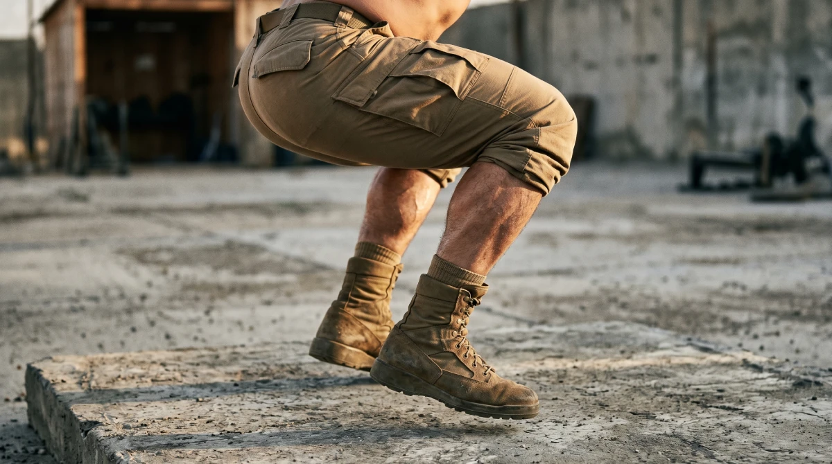 Close-up of athlete's lower body performing a deep air squat in tactical pants and military boots, demonstrating proper depth and form for military calisthenics squats