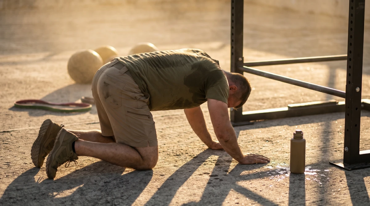 Exhausted athlete recovering on hands and knees beside a pull-up bar after an intense military calisthenics circuit, illustrating the line between productive training and overtraining mistakes