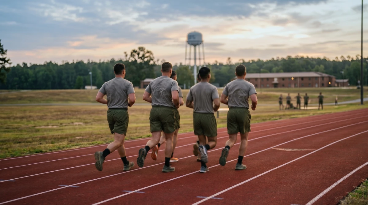 Group of athletes running in formation on a track at dawn during military calisthenics weekly conditioning, demonstrating the aerobic base training that complements bodyweight strength work