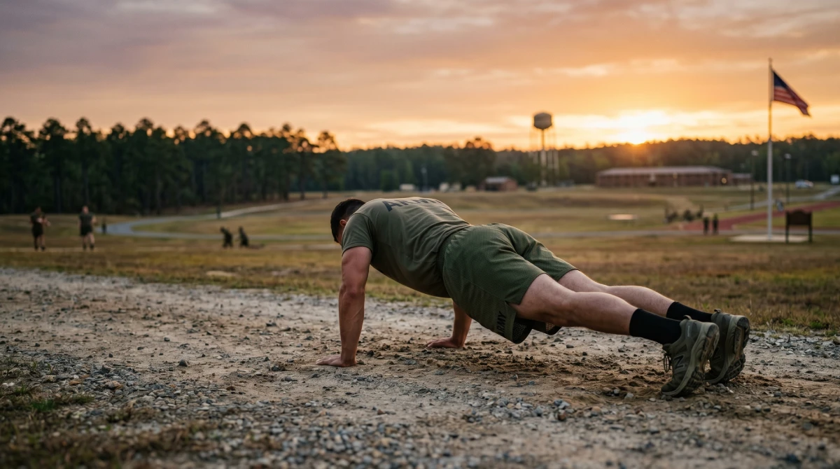 U.S. Army soldier performing a strict push-up at sunrise during military calisthenics training, demonstrating proper plank-rigid form on a basic combat training field