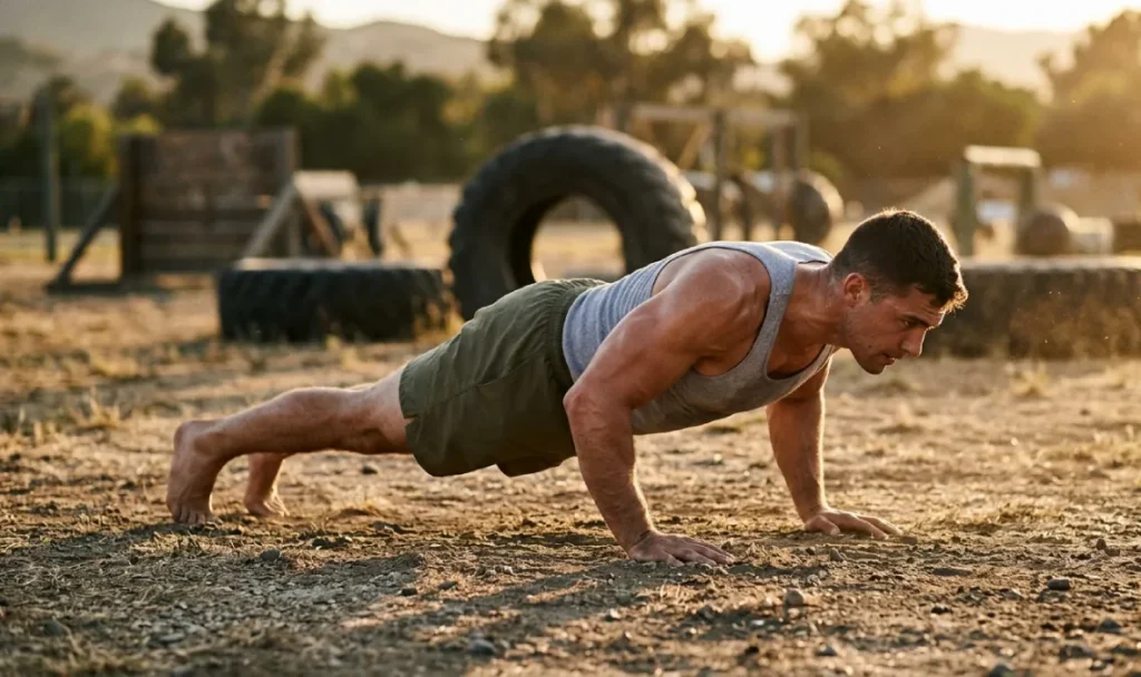 Athlete performing push-ups during a military calisthenics workout on an outdoor training field