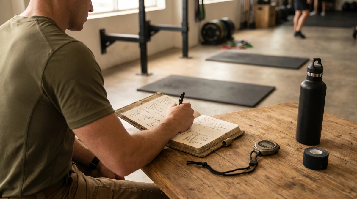 Athlete in tactical training gear logging a workout in a journal with stopwatch and pull-up bar visible, illustrating disciplined tracking of a military calisthenics workout plan