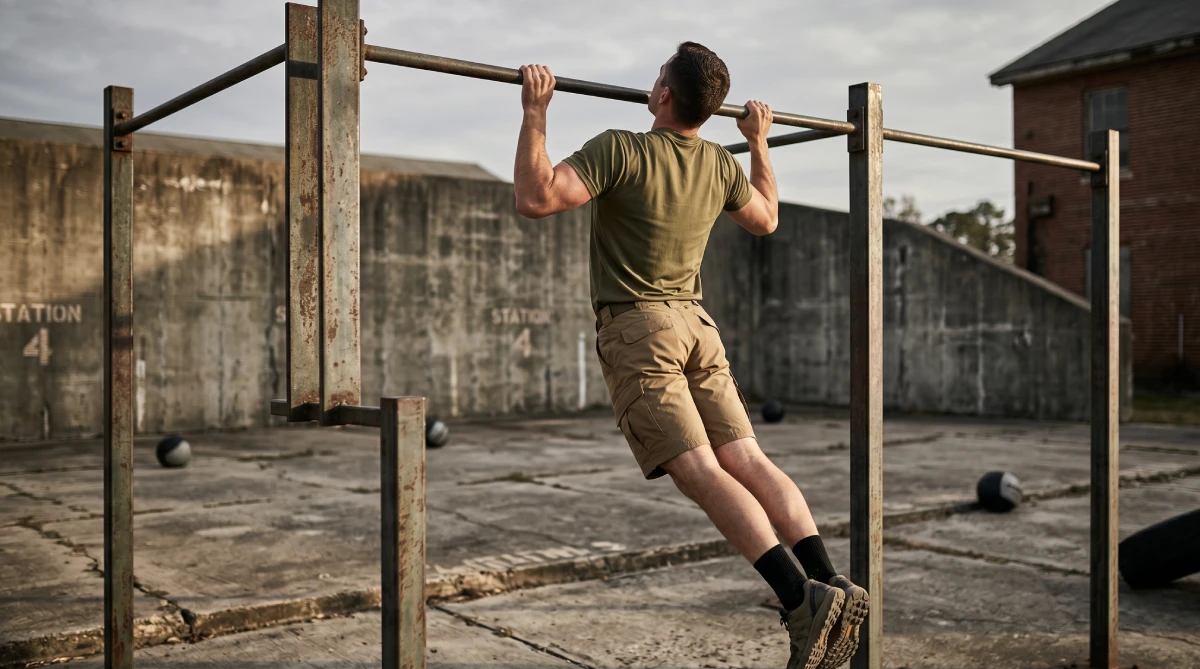 Athlete performing a strict dead-hang pull-up during Navy SEAL calisthenics workout training, demonstrating the BUD/S standard of 20+ pull-ups for competitive PST scores