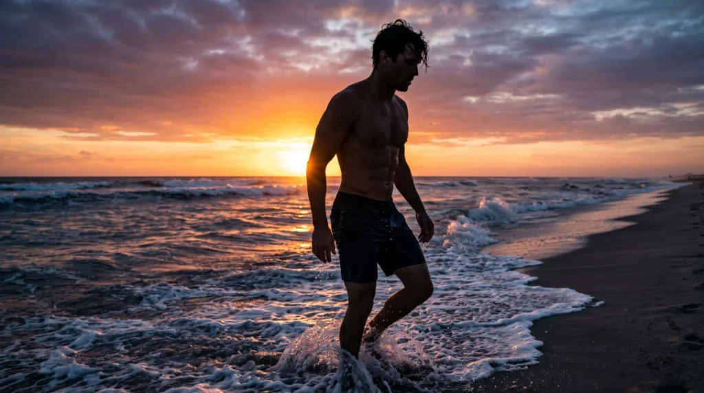 Muscular athlete emerging from ocean surf at dawn during Navy SEAL calisthenics workout training, illustrating the surf-zone conditioning central to BUD/S preparation