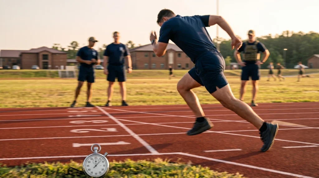 Athlete sprinting on a 300-meter track during police academy calisthenics PT test prep, demonstrating the anaerobic capacity required for FBI Academy and federal law enforcement fitness standards