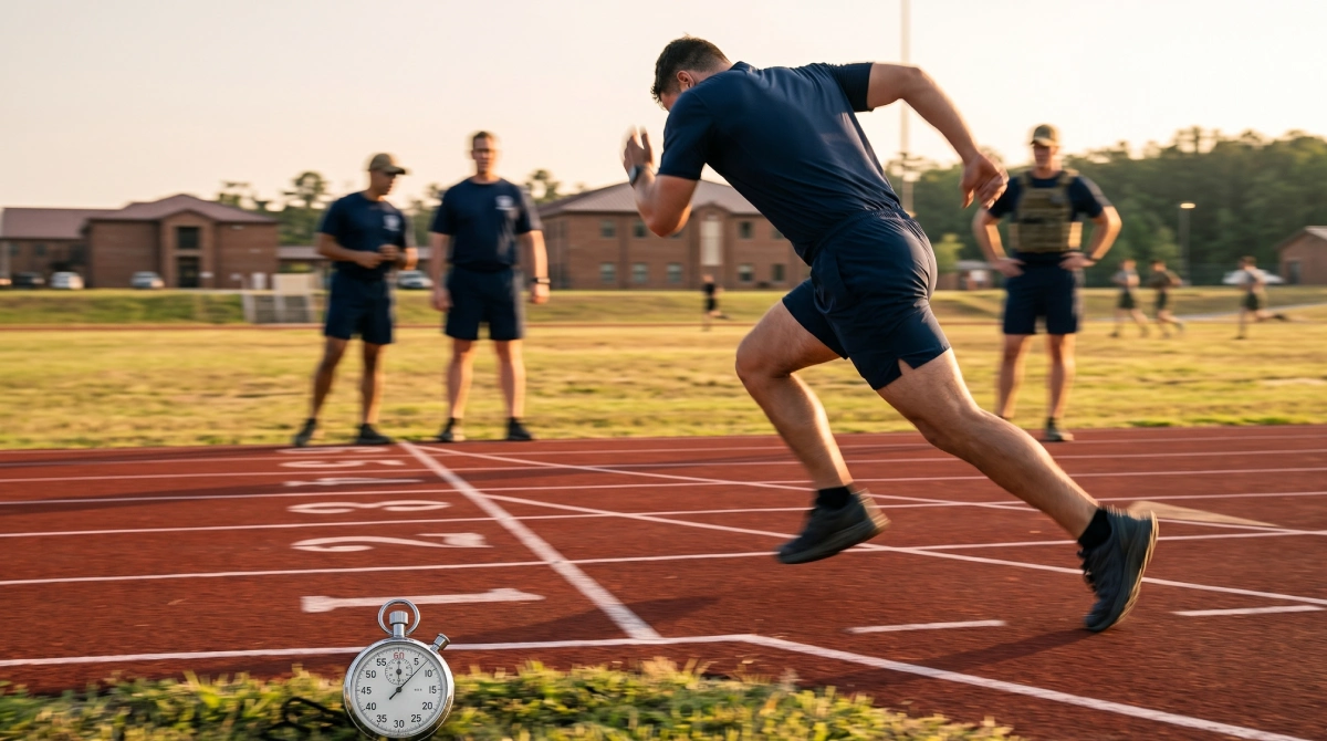 Athlete sprinting on a 300-meter track during police academy calisthenics PT test prep, demonstrating the anaerobic capacity required for FBI Academy and federal law enforcement fitness standards