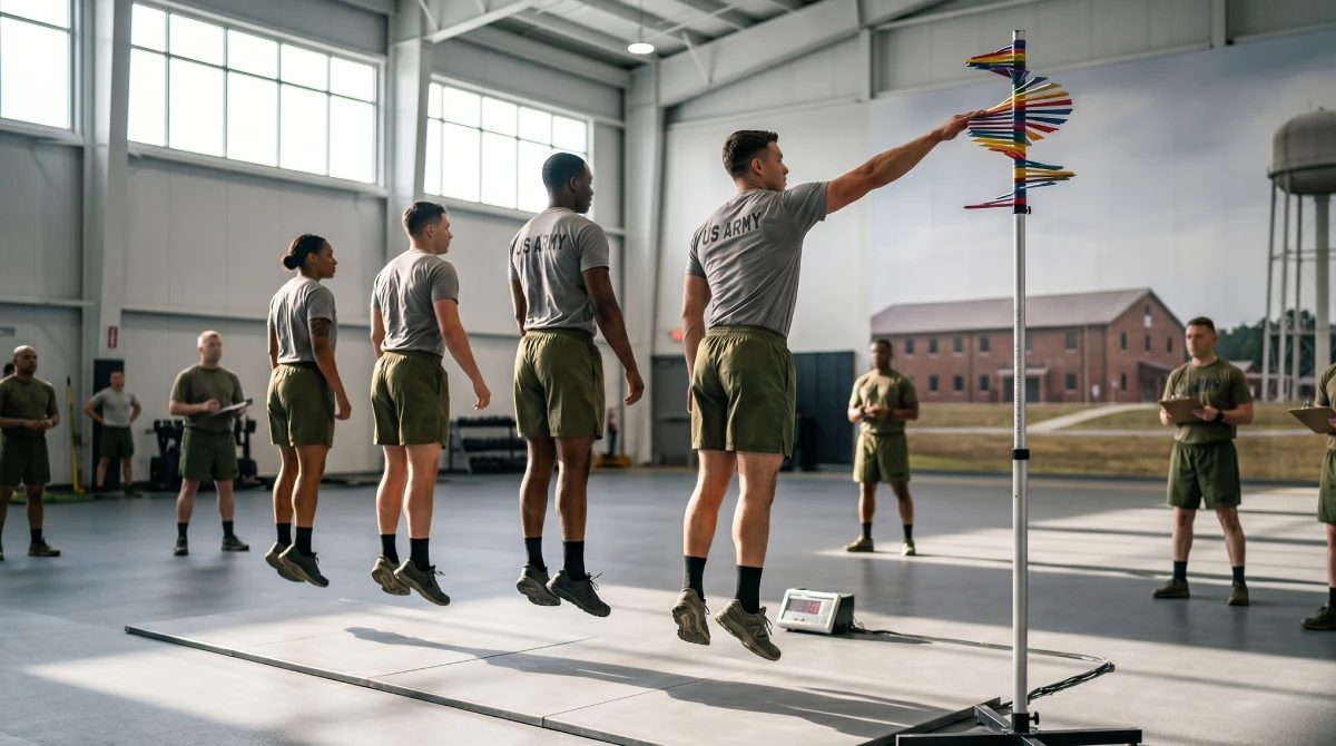 Athlete mid-air at peak vertical jump height during police academy calisthenics PT test prep, demonstrating the explosive power required to pass Cooper Institute fitness standards