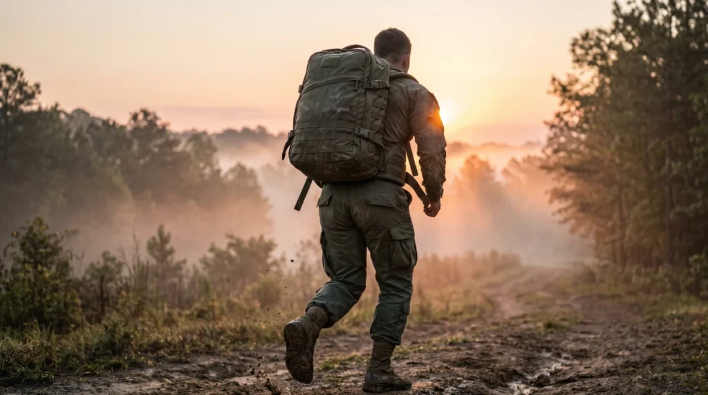 Athlete rucking with a heavy tactical backpack at sunrise during Special Forces calisthenics training, demonstrating the loaded carriage central to SFAS and Ranger selection prep