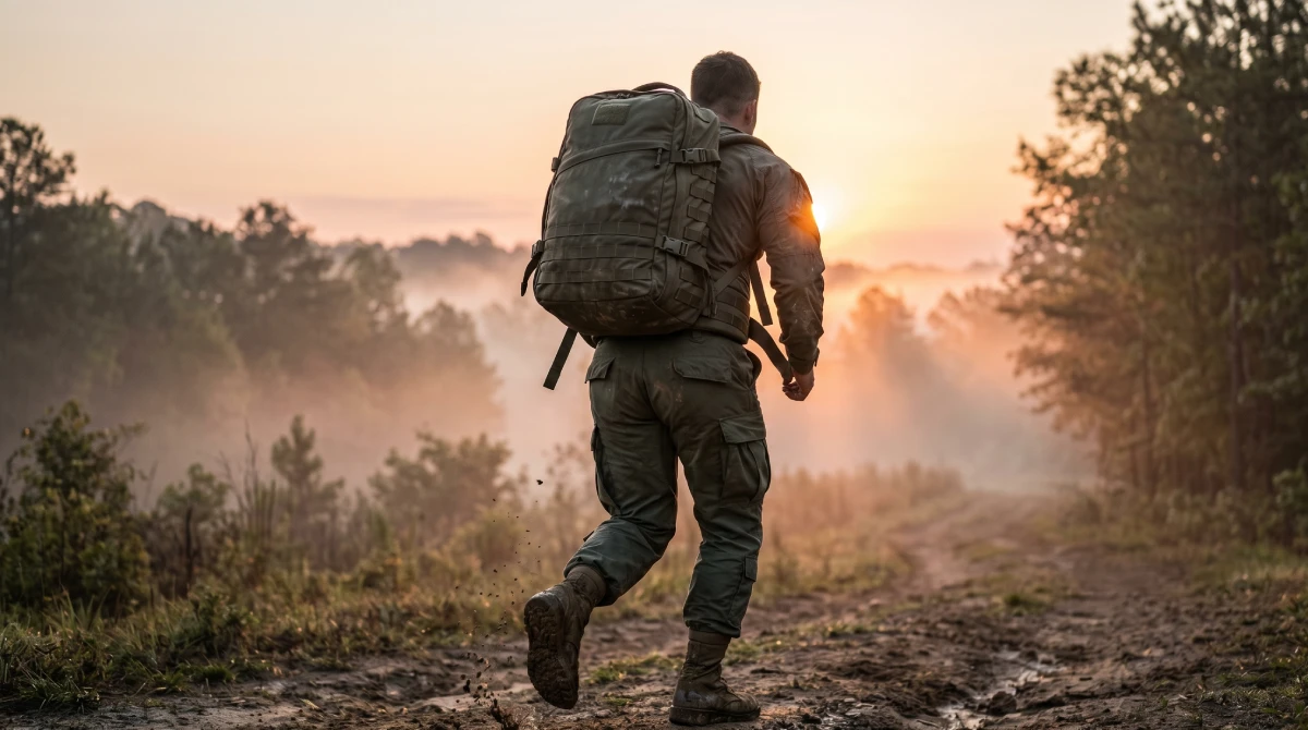 Athlete rucking with a heavy tactical backpack at sunrise during Special Forces calisthenics training, demonstrating the loaded carriage central to SFAS and Ranger selection prep