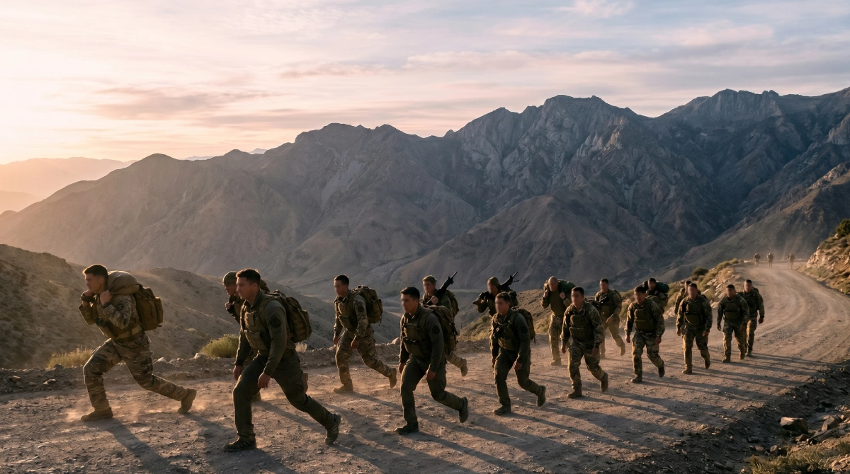 Athletes performing walking lunges in formation during Special Forces calisthenics conditioning, demonstrating the lower-body endurance required for SFAS selection success