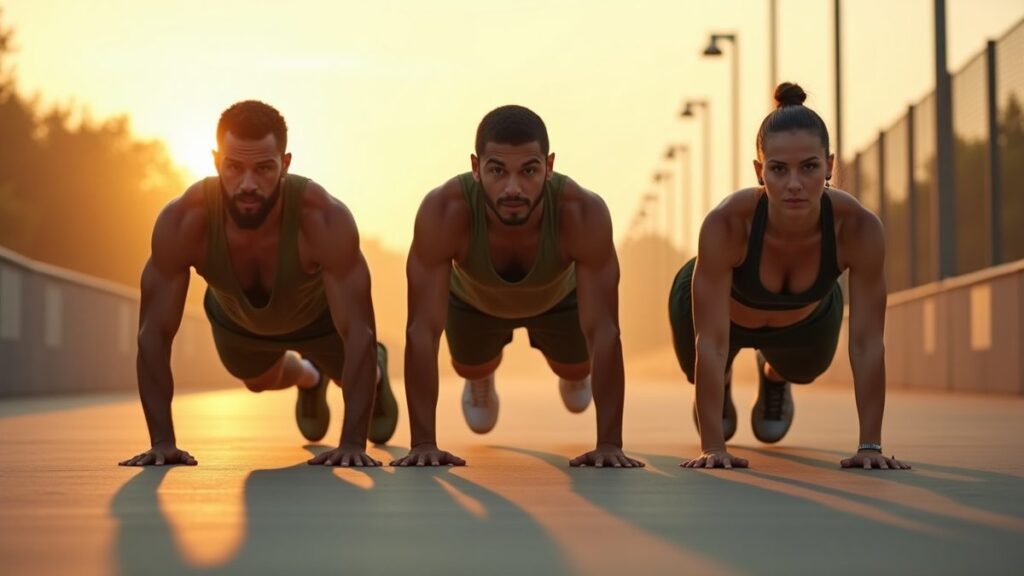 Diverse athletes mid push-up in unison on outdoor concrete training ground at sunrise in military-style fitness drill