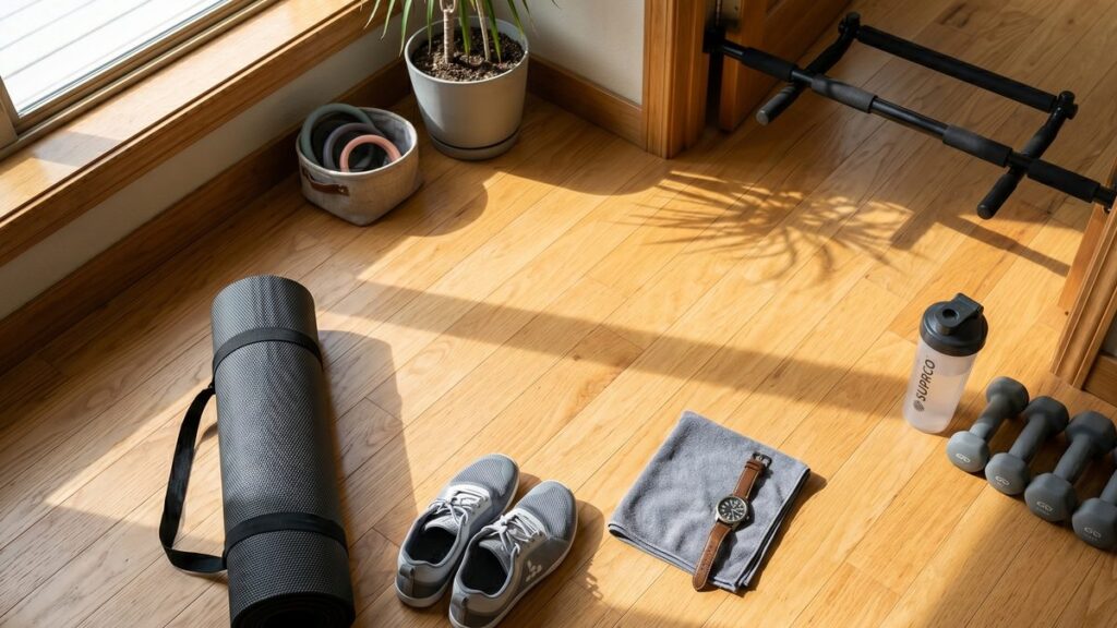 Home workout setup with yoga mat and pull-up bar for a 5-day bodyweight plan.