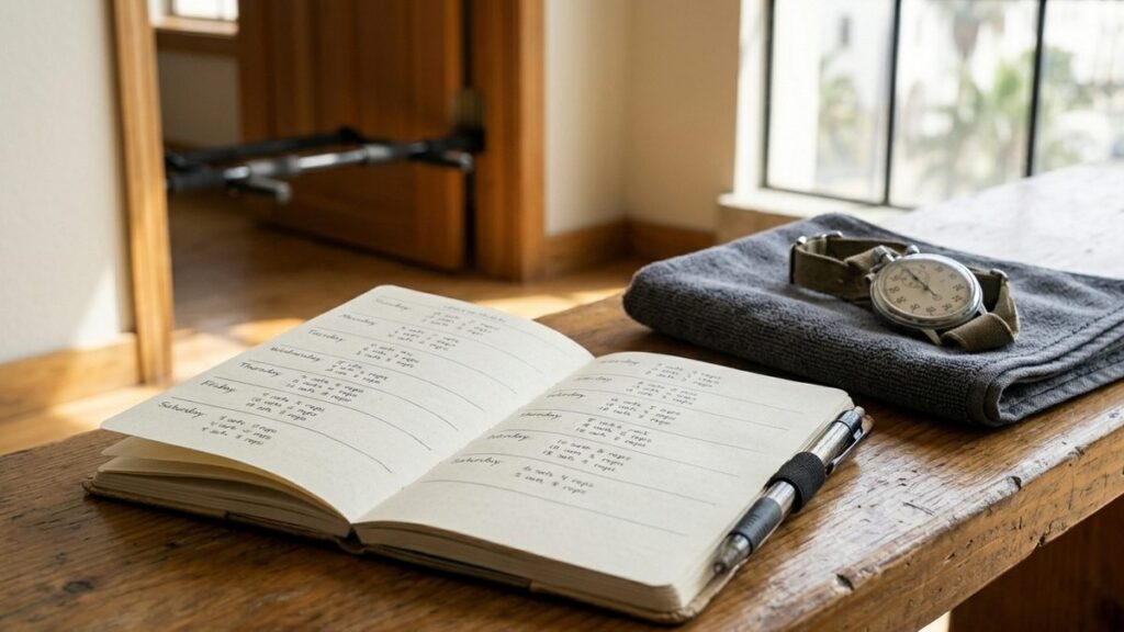 Training journal with weekly workout plan, dumbbells, and a stopwatch on a bench.