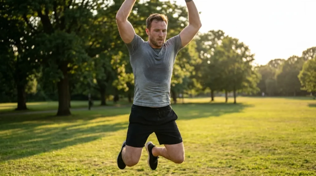 Man performing a burpee mid-jump during a calisthenics for weight loss workout in a park at golden hour