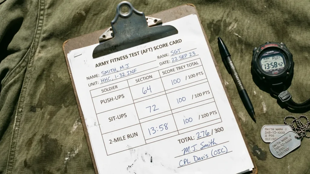 AFT score chart 2026 printed on a clipboard with stopwatch, pen, and dog tags on olive canvas