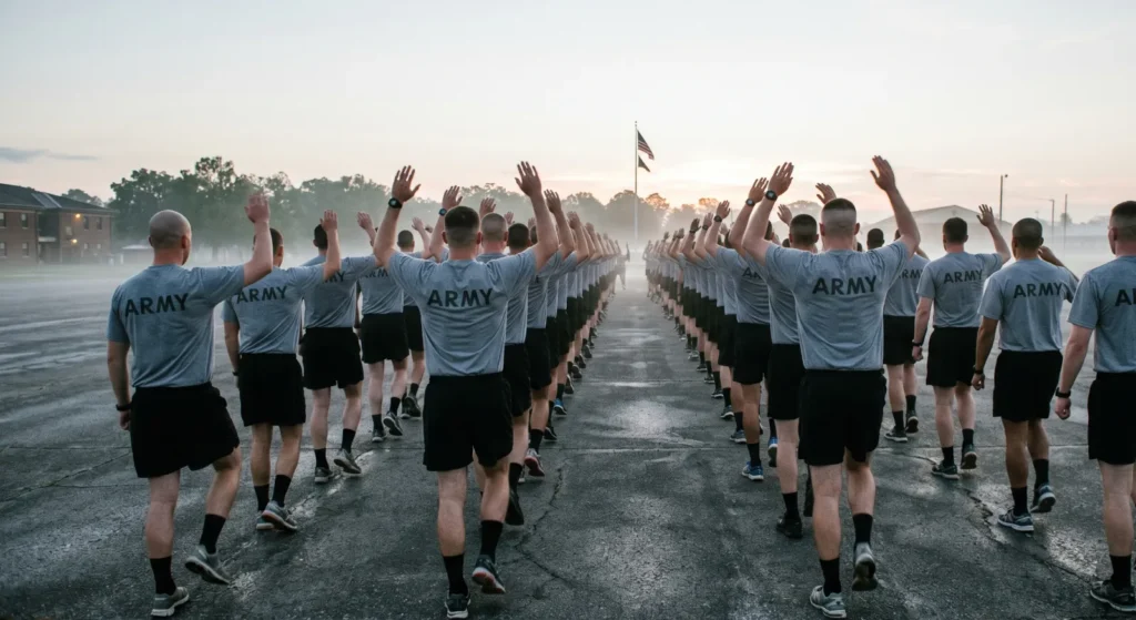 Soldiers in Army PT uniform performing the Preparation Drill in formation at dawn
