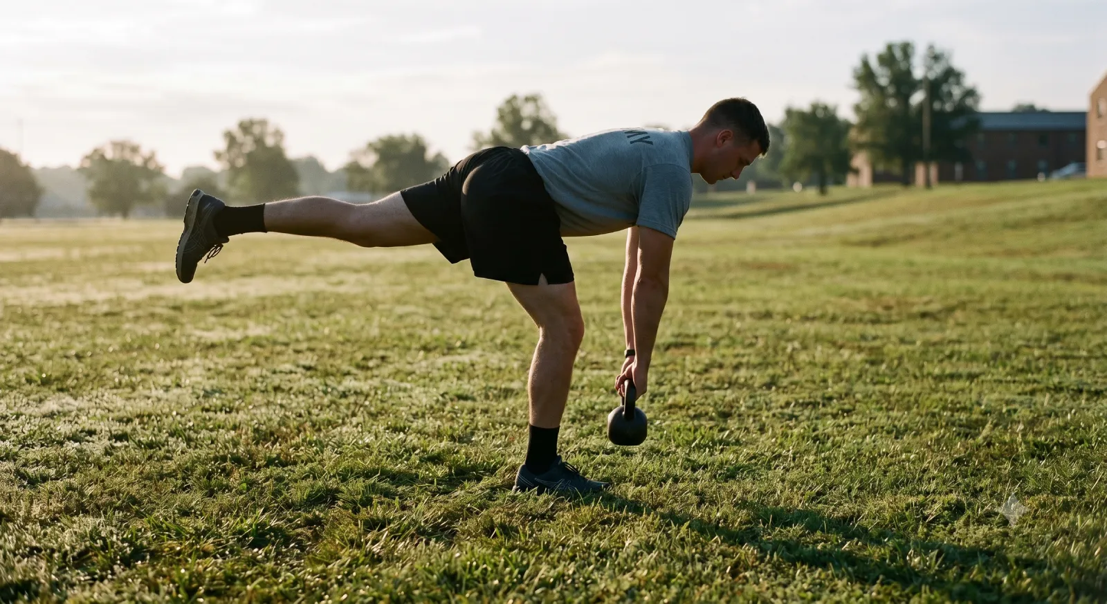 Soldier performing a single-leg deadlift from the Hip Stability Drill on a grass field