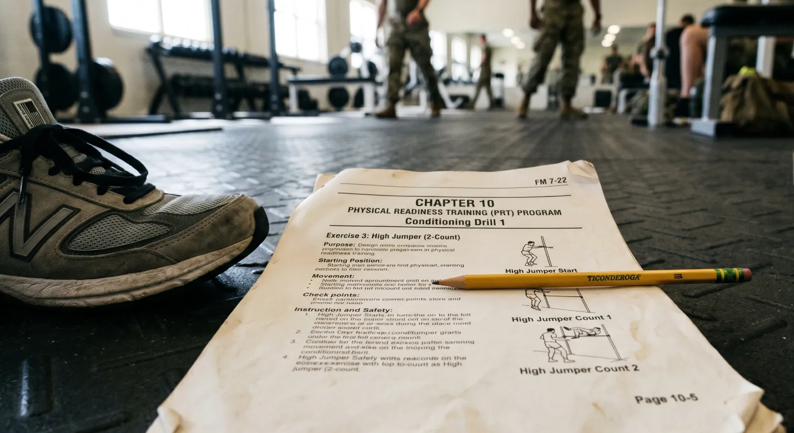Army PRT manual TC 3-22.20 open on a gym floor with a pencil resting on the page