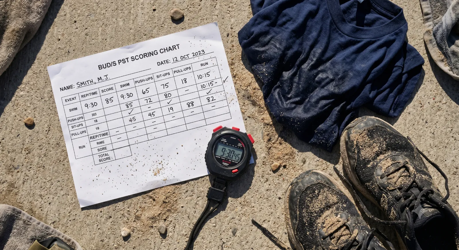 Printed Navy SEAL PST scoring chart on sandy concrete with stopwatch and running shoes