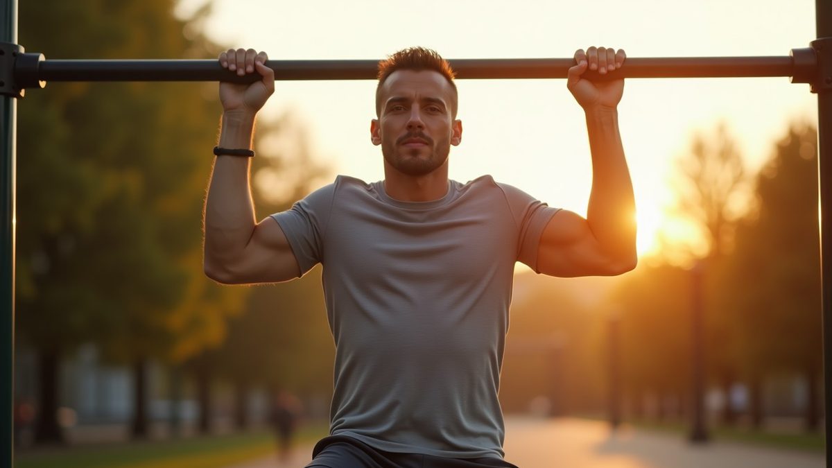 Athlete performing a strict pull-up during a Basic Endurance Drill style outdoor military workout at dawn