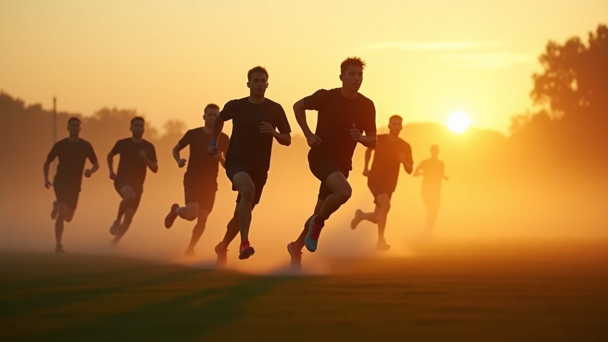 Military boots running on a sandy track at sunrise with motion blur and dust