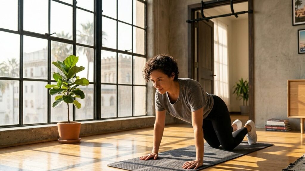 Beginner doing a kneeling push-up on a yoga mat at home — calisthenics starter.