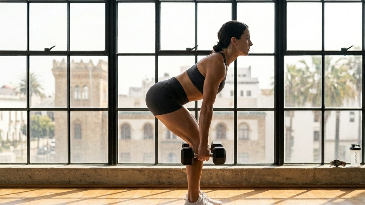 Woman doing a dumbbell Romanian deadlift — thighs and glutes training.