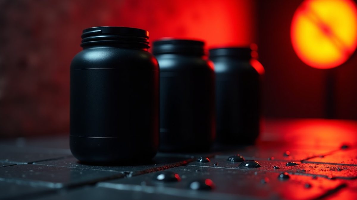 Three sleek matte-black pre-workout containers lined up on charcoal stone with deep red accent lighting