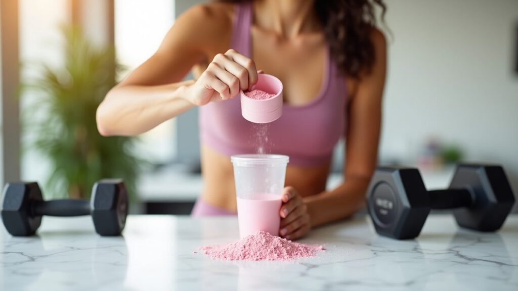 Woman in athletic wear scooping pink pre-workout powder into a clear shaker bottle in a bright home gym