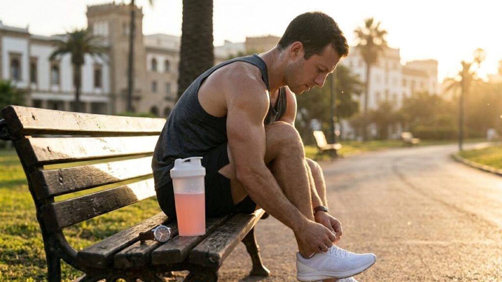 Runner tying shoes at sunrise with a shaker of pre-workout — endurance training.