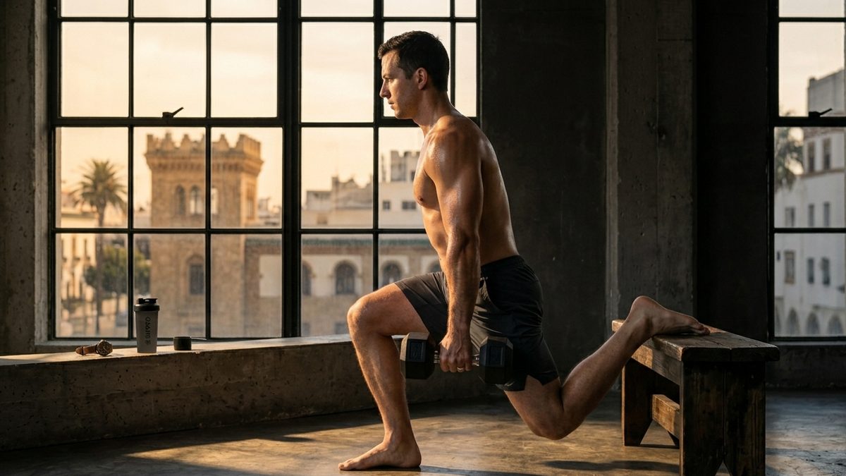 Athlete performing a Bulgarian split squat for bodyweight leg day.