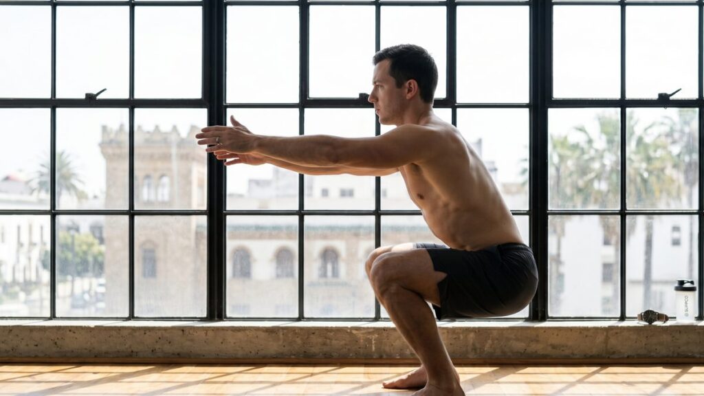 Athlete in a bodyweight squat, demonstrating a foundational leg exercise.