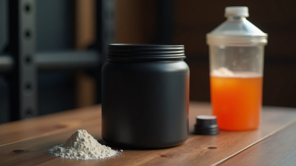 Pre-workout shaker and scoop on a wooden gym table illustrating a moderate-stim formula context