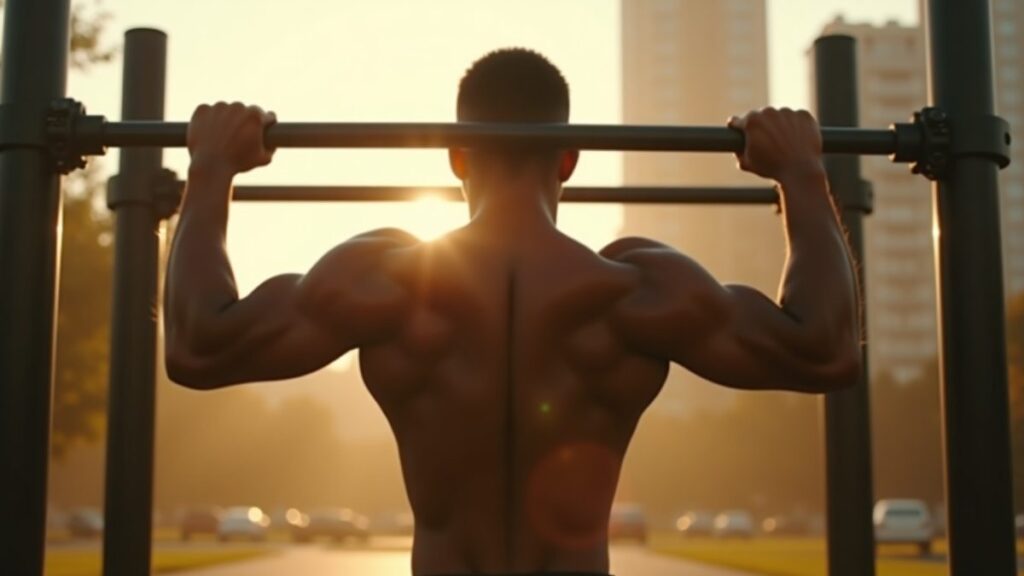 Muscular figure holding a perfect front lever on outdoor parallel bars showing defined back and core under tension
