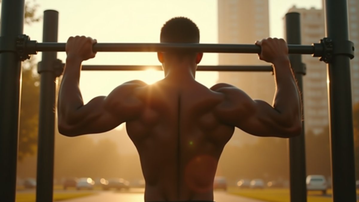 Muscular figure holding a perfect front lever on outdoor parallel bars showing defined back and core under tension