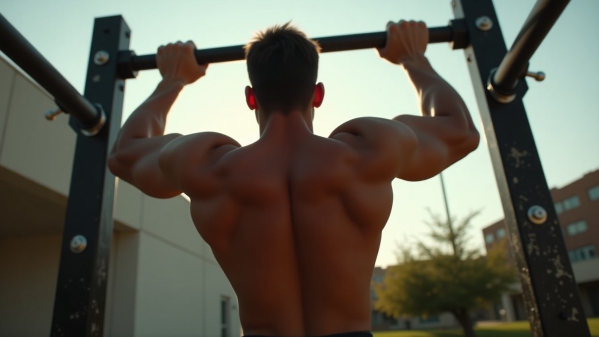Muscular athlete performing a wide-grip pull-up on an outdoor steel bar showing defined back muscles