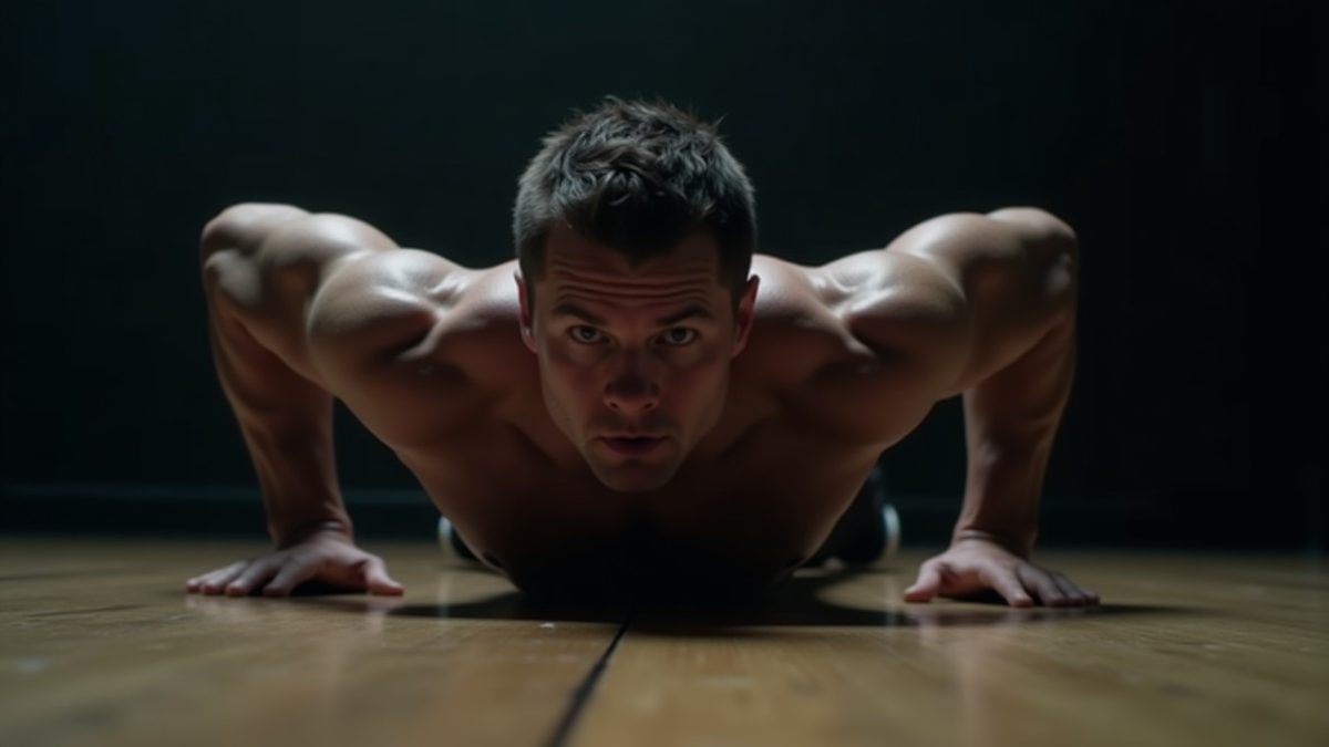 Muscular athlete mid-push-up on a wooden gym floor with defined chest and triceps under dramatic single-source lighting
